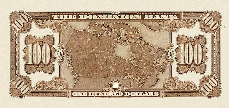 Canada banknotes, The Dominion Bank, $100 Dollars, 1931, Pick P-S1032, UNC