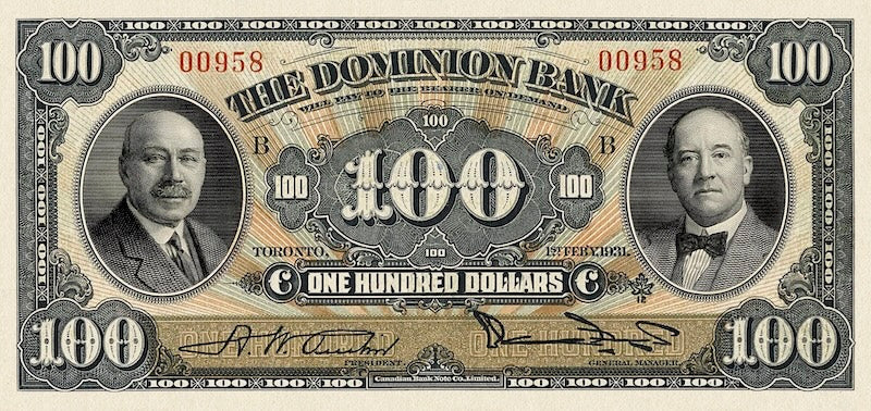Canada banknotes, The Dominion Bank, $100 Dollars, 1931, Pick P-S1032, UNC