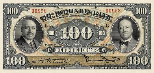 Canada banknotes, The Dominion Bank, $100 Dollars, 1931, Pick P-S1032, UNC