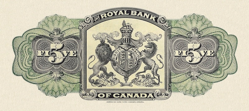 Canada banknotes, The Royal Bank, $5 Dollars, 1909, Pick P-S1371, UNC