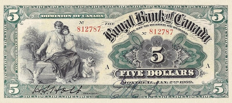 Canada banknotes, The Royal Bank, $5 Dollars, 1909, Pick P-S1371, UNC