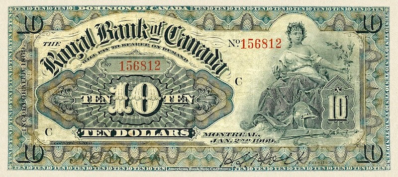 Canada banknotes, The Royal Bank, $10 Dollars, 1909, Pick P-S1373, UNC