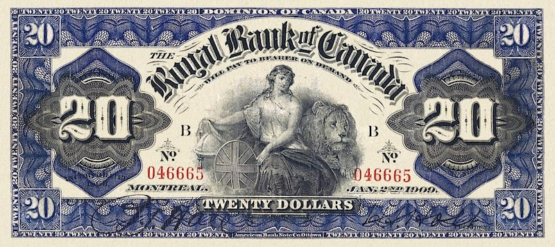 Canada banknotes, The Royal Bank, $20 Dollars, 1909, Pick P-S1375A, UNC