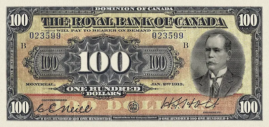 Canada banknote, The Royal Bank, $100 Dollars, 1913, Pick P-S1382, UNC