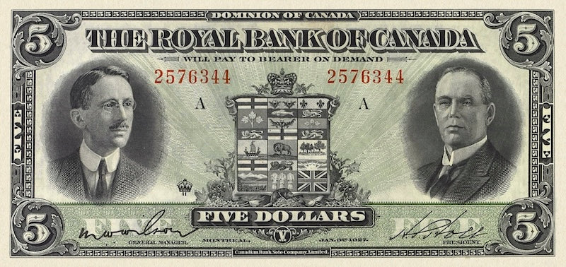 Canada banknote, The Royal Bank, $5 Dollars, 1927, Pick P-S1383, UNC