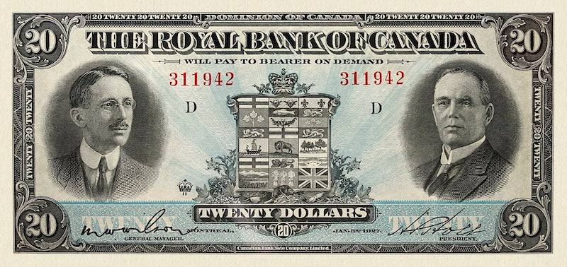 Canada banknote, The Royal Bank, $20 Dollars, 1927, Pick P-S1385, UNC