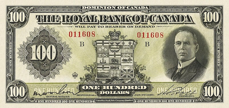 Canada banknote, The Royal Bank, $100 Dollars, 1927, Pick P-S1387, UNC