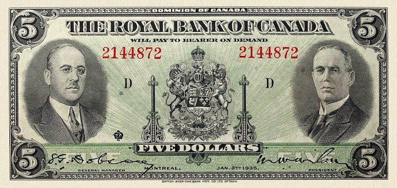 Canada banknote, The Royal Bank, $5 Dollars, 1935, Pick P-S1391, UNC