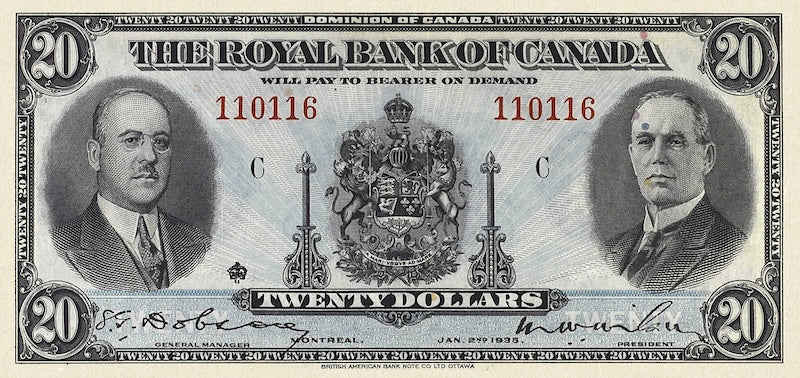 Canada banknote, The Royal Bank, $20 Dollars, 1935, Pick P-S1393, UNC