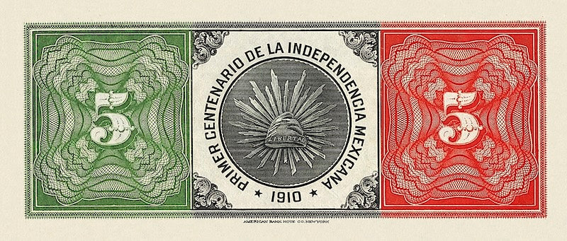 Mexico banknote, Banco Minero, 100th Anniversary of Independence Issue, 5 Pesos, 1910, Pick P-S170, UNC
