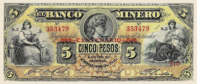 Mexico banknote, Banco Minero, 100th Anniversary of Independence Issue, 5 Pesos, 1910, Pick P-S170, UNC
