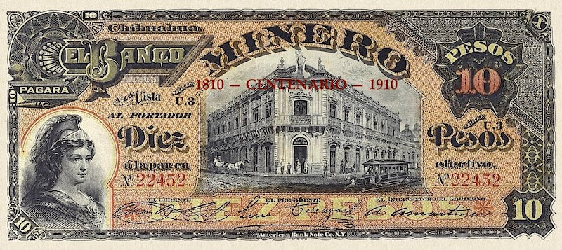 Mexico banknote, Banco Minero, 100th Anniversary of Independence Issue, 10 Pesos, 1910, Pick P-S171, UNC