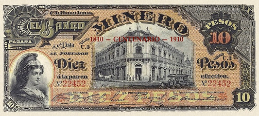 Mexico banknote, Banco Minero, 100th Anniversary of Independence Issue, 10 Pesos, 1910, Pick P-S171, UNC