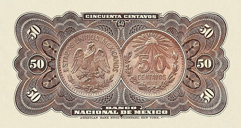Mexico banknote, Banco Nacional de Mexico, 50 centavos, 1913, Pick P-S254, UNC
