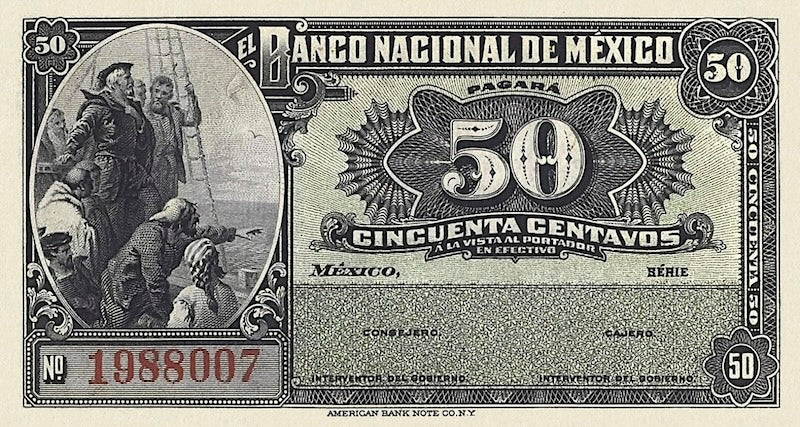 Mexico banknote, Banco Nacional de Mexico, 50 centavos, 1913, Pick P-S254, UNC