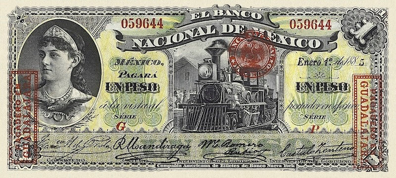 Mexico banknote, Banco Nacional de Mexico, 1 Peso, 1913, Pick P-S255, UNC