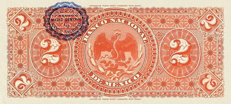 Mexico banknote, Banco Nacional de Mexico, 2 Pesos, 1913, Pick P-S256, UNC