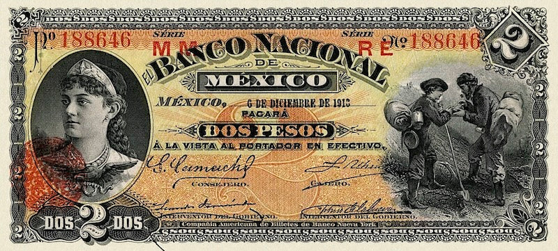 Mexico banknote, Banco Nacional de Mexico, 2 Pesos, 1913, Pick P-S256, UNC