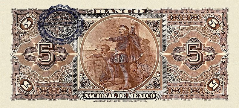 Mexico banknote, Banco Nacional de Mexico, 5 Pesos, 1913, Pick P-S257, UNC