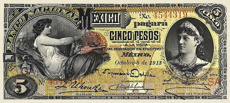 Mexico banknote, Banco Nacional de Mexico, 5 Pesos, 1913, Pick P-S257, UNC