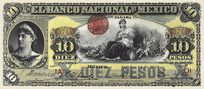 Mexico banknote, Banco Nacional de Mexico, 10 Pesos, 1913, Pick P-S258, UNC