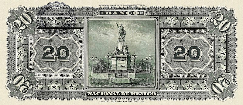 Mexico banknote, Banco Nacional de Mexico, 20 Pesos, 1913, Pick P-S259, UNC