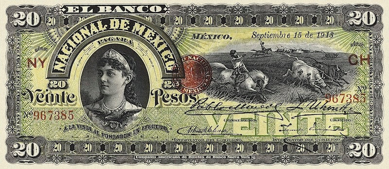 Mexico banknote, Banco Nacional de Mexico, 20 Pesos, 1913, Pick P-S259, UNC