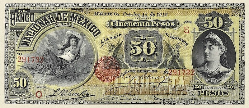 Mexico banknote, Banco Nacional de Mexico, 50 Pesos, 1913, Pick P-S260, UNC