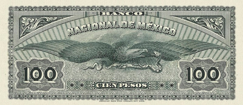 Mexico banknote, Banco Nacional de Mexico, 100 Pesos, 1913, Pick P-S261, UNC