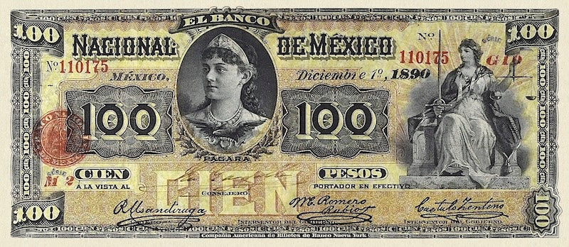 Mexico banknote, Banco Nacional de Mexico, 100 Pesos, 1913, Pick P-S261, UNC