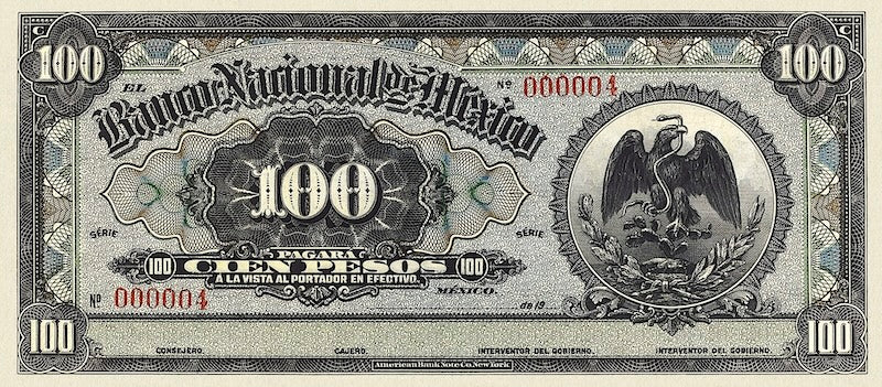 Mexico banknote, Banco Nacional de Mexico, 100 Pesos, 1913, Pick P-S261A, UNC