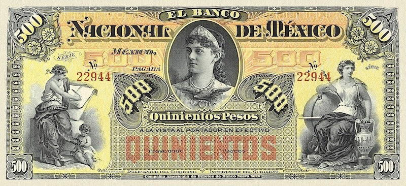 Mexico banknote, Banco Nacional de Mexico, 500 Pesos, 1913, Pick P-S262, UNC