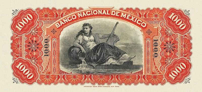 Mexico banknote, Banco Nacional de Mexico, 1000 Pesos, 1913, Pick P-S263, UNC