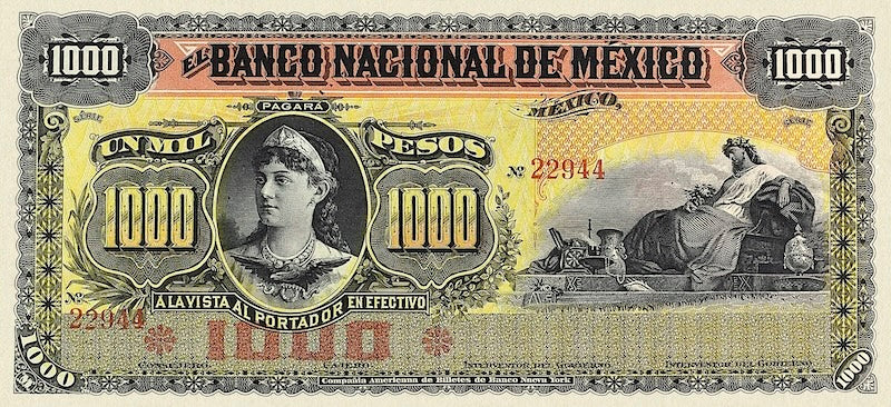 Mexico banknote, Banco Nacional de Mexico, 1000 Pesos, 1913, Pick P-S263, UNC