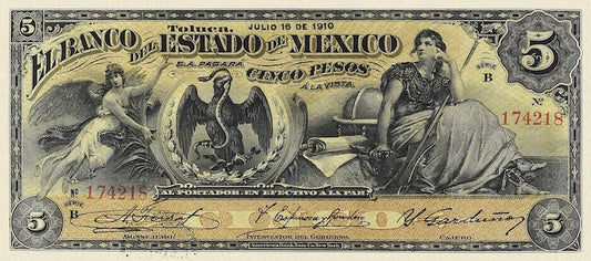 Mexico banknote, Banco del Estado de Mexico, 5 Pesos, 1897, Pick P-S329, UNC