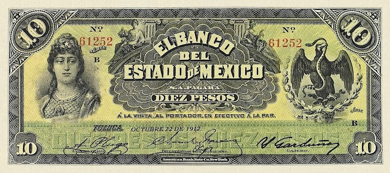 Mexico banknote, Banco del Estado de Mexico, 10 Pesos, 1897, Pick P-S330, UNC