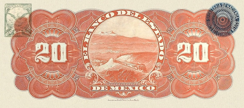 Mexico banknote, Banco del Estado de Mexico, 20 Pesos, 1897, Pick P-S331, UNC