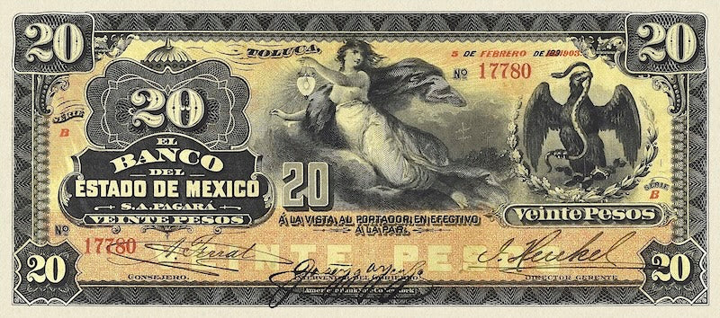 Mexico banknote, Banco del Estado de Mexico, 20 Pesos, 1897, Pick P-S331, UNC