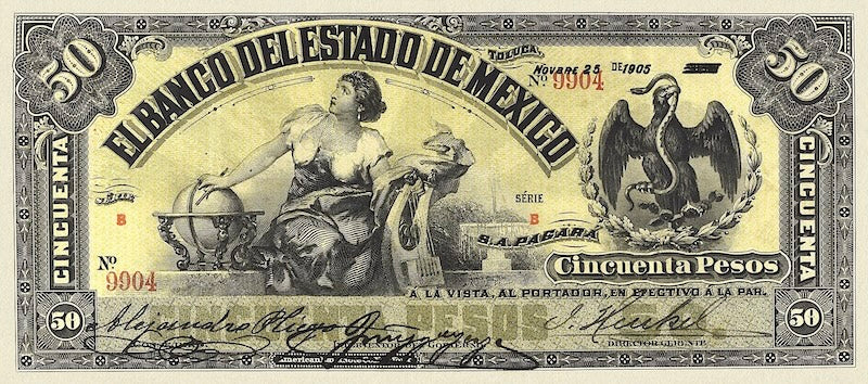 Mexico banknote, Banco del Estado de Mexico, 50 Pesos, 1897, Pick P-S332, UNC