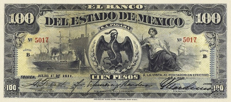 Mexico banknote, Banco del Estado de Mexico, 100 Pesos, 1897, Pick P-S333, UNC