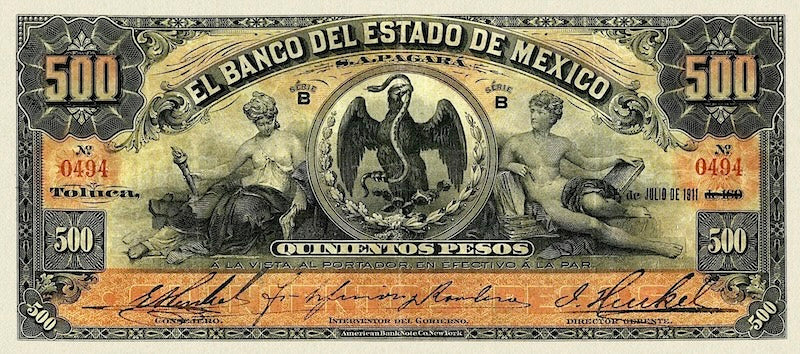 Mexico banknote, Banco del Estado de Mexico, 500 Pesos, 1897, Pick P-S334, UNC