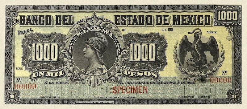 Mexico banknote, Banco del Estado de Mexico, 1000 Pesos, 1897, Pick P-S335, UNC