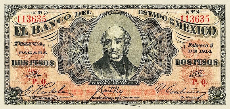 Mexico banknote, Banco del Estado de Mexico, 2 Pesos, 1897, Pick P-S337, UNC