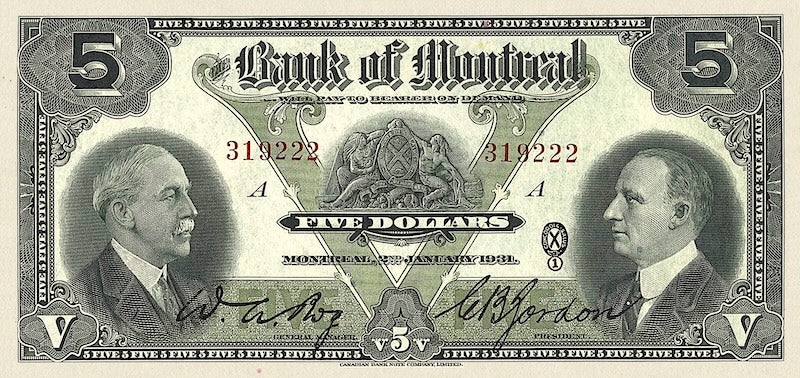 Canada banknote, Bank of Montreal, $5 Dollars, 1931, Pick P-S553, UNC