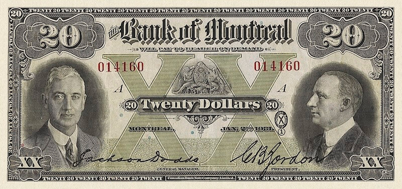 Canada banknote, Bank of Montreal, $20 Dollars, 1931, Pick P-S555, UNC