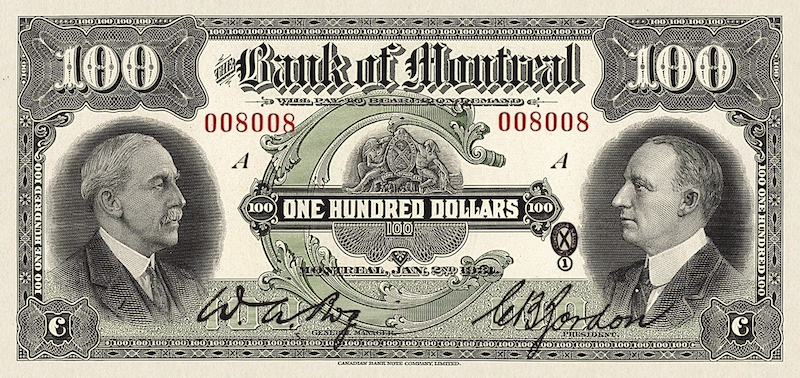 Canada banknote, Bank of Montreal, $100 Dollars, 1931, Pick P-S557, UNC