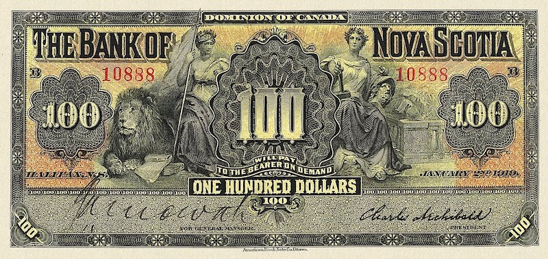 Canada banknote, Bank of Nova Scotia, $100 Dollars, 1877, Pick P-S631, UNC