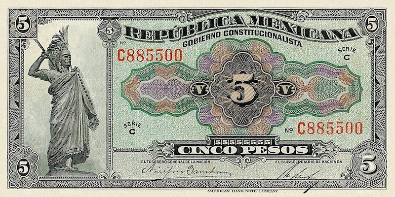 Mexico banknote, Constitutional Government,  5 Pesos, 1915, Pick P-S685, UNC