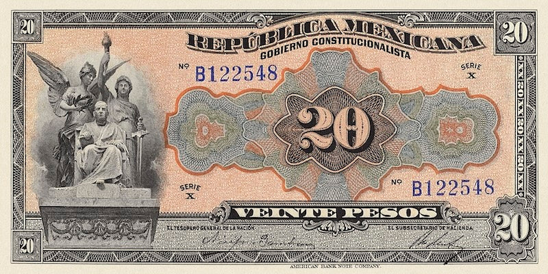 Mexico banknote, Constitutional Government,  20 Pesos, 1915, Pick P-S687, UNC
