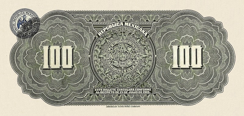 Mexico banknote, Constitutional Government,  100 Pesos, 1915, Pick P-S689, UNC